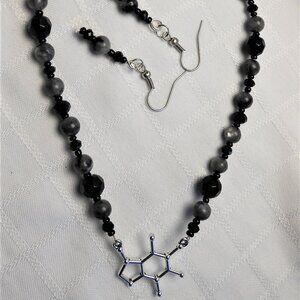 No866 Handmade necklace with Tibetan silver caffeine molecule charm and earrings
